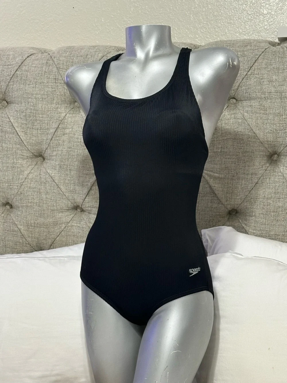 BLACK RIBBED ONE PIECE SWIMSUIT RACERBACK WOMENS SMALL ATHLETIC MODERATE CUT